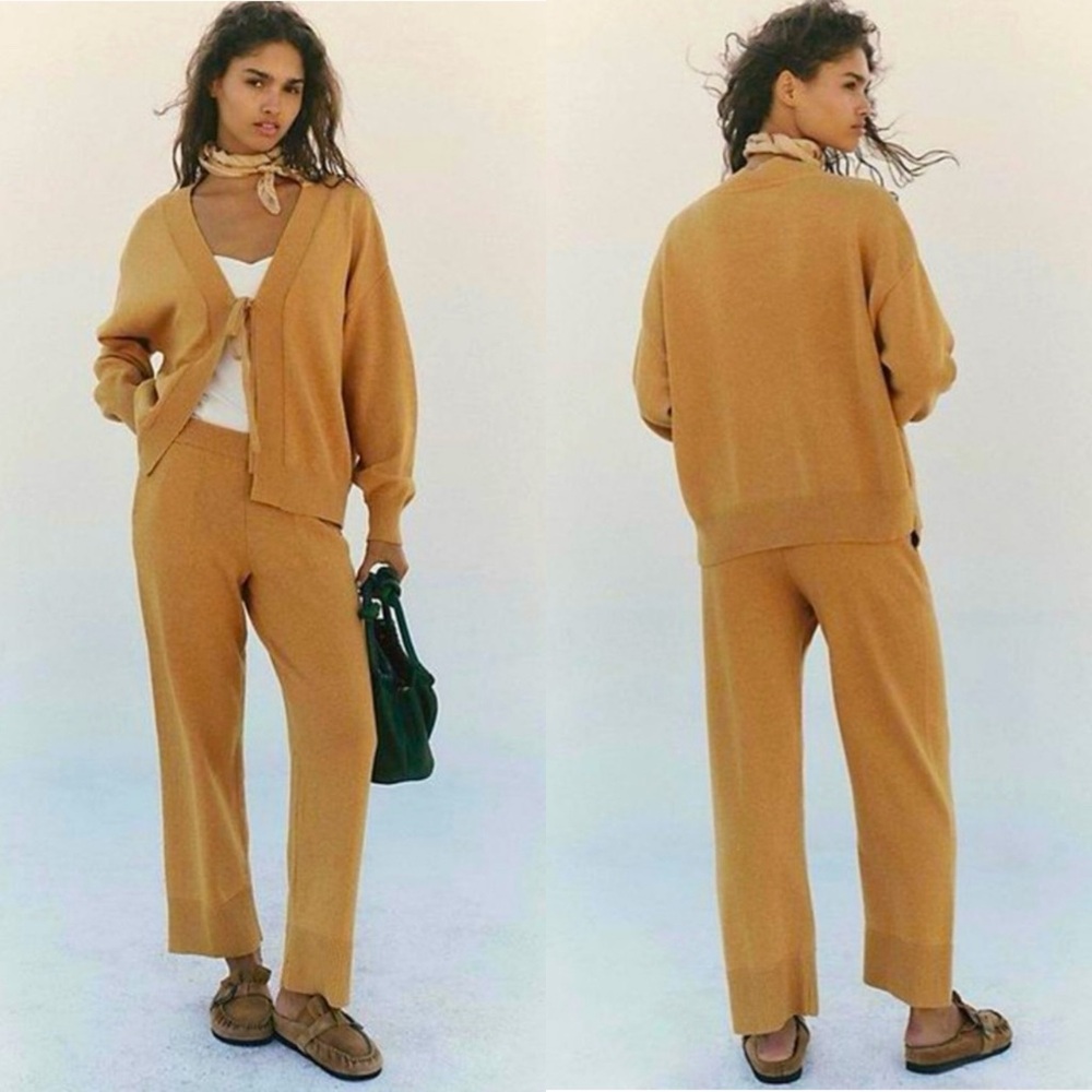 NWT Free People Solar Tie Front Sweater Set Gold Heather